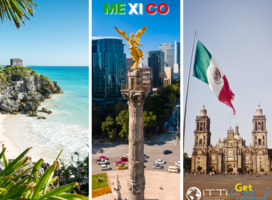 Three scenes of Mexico: beach, Mexico city and historical downtown 