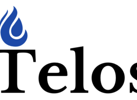 Telos logo with a blue flame above the T