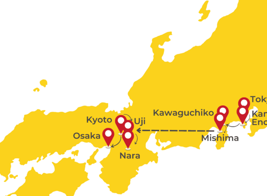 Map with cities: Tokyo, Kamakura, Enoshima, Kawaguchiko, Uji, Nara, Kyoto and Osaka.