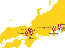 Map with cities: Tokyo, Kamakura, Enoshima, Kawaguchiko, Uji, Nara, Kyoto and Osaka.