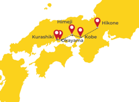 Route with cities to visit. Hikone, Kobe, Himeji, Okayama and Kurashiki.