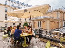 EF language year abroad students studying on the rooftop patio at our language school