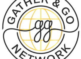 Gather & Go Network in a circle around a golden outline with the world and two lower case g's in the center