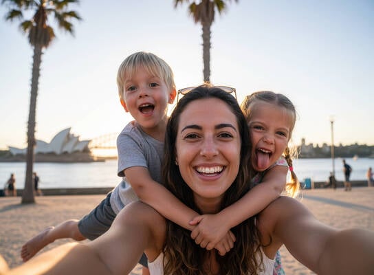 Smiling host parent with two young children outdoors in Australia