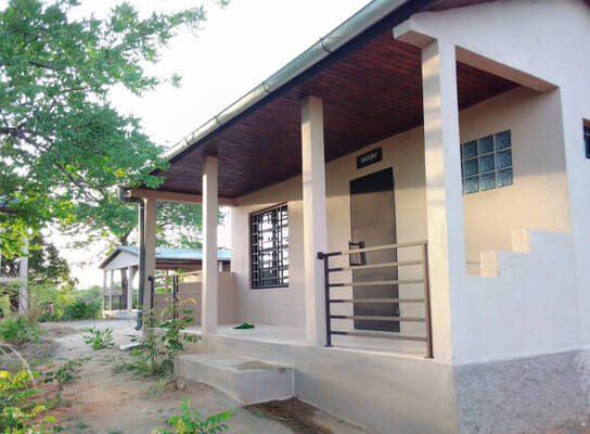 A white stucco porch facing a tamarind tree