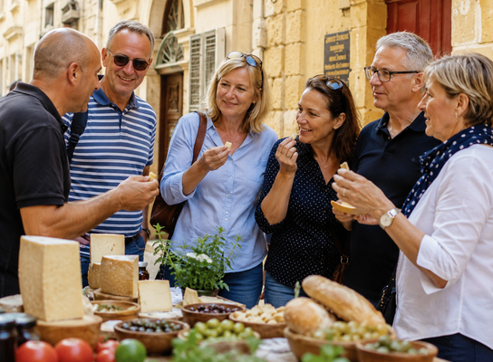 Mature students attending a food tour in Valetta, Malta. Trying food from the market.