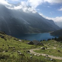 View of a lake in the Swiss alps