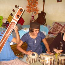 Students making music in Varanasi