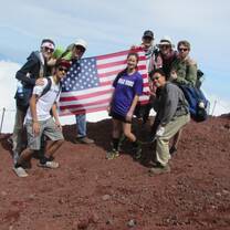 US students with an American Flag in Japan 