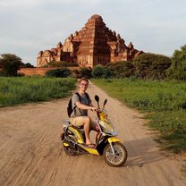 Chase on a scooter in Bagan, Myanmar.