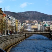 river with bridge in small town