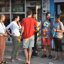 Volunteers outside a local shop India 