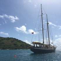 An external view of the ship while doing some sailing on a smaller vessel.