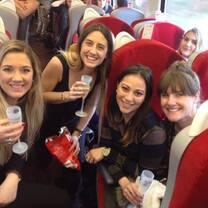 girls on a train drinking champagne