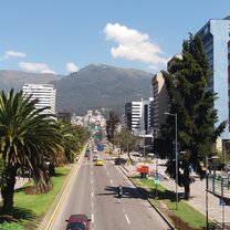 Quito, school surrounding area. road leading up to a building in a city with trees