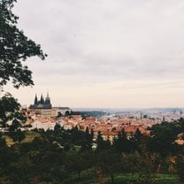 Overlook of Prague with Prague Castle in the landscape. 
