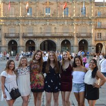 Forever friends at our goodbye dinner; Plaza Mayor, Salamanca, Spain