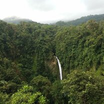La Fortuna Waterfall This is the La Fortuna waterfall as seen from a lookout point, but you can also take a trail down to the base of the waterfall and go swimming!