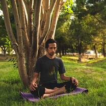 man doing yoga under a tree in cancun