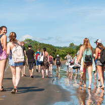 students walking along the beach