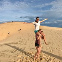 my good friend on my shoulder at the sand dunes in Vietnam. 