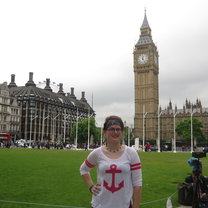 Brittney standing in front of Big Ben, Downing Street, London.