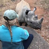 Volunteer on top of rock with rhino