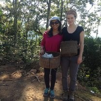 Harvesting coffee with a friend and parent of the school