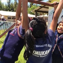 The children playing on the playground of the school. 