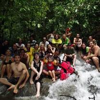 group under trees next to waterfall
