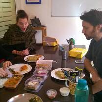 Three people ready to eat