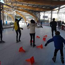 men, women and children playing skating