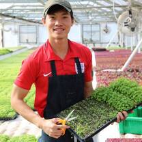 Guy holding a plant bed.