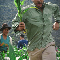 The guy is running with the plant in his hand