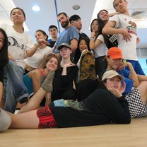 Group posing in a dance studio