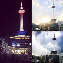 Picture of Kyoto Tower during the day and night. 
