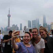 My two roommates and I in front of the Pearl Tower