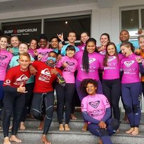 A group of us in wet suits about to go surfing