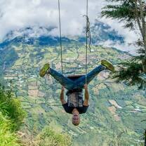 man hanging from swing upside down over canyon