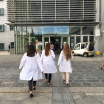 Walking into the entrance of the hospital