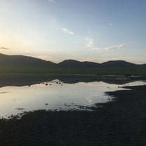 Sunset over mountains with lake in foreground