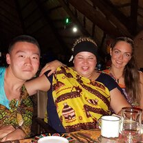 enjoying the amazing local buffet with other volunteers