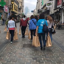Handing out care bags 
