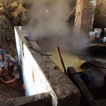 The program took us on a trip to Mysore, India. We happened to stop at this sugar cane farm where two men were grinding and boiling sugar cane.