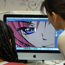 Student showing teacher anime illustration on computer