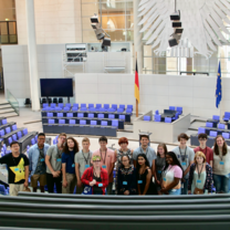 Students in the E.U. building