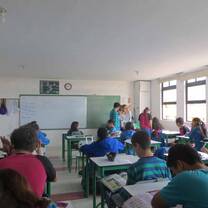 Students sitting and reading in a classroom. 