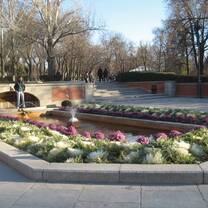 Beautiful garden with a fountain and pond. 