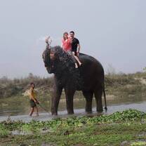 Volunteers riding on elephants in Nepal