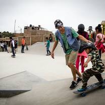 A kid learning to skate at our Edu-skate program
